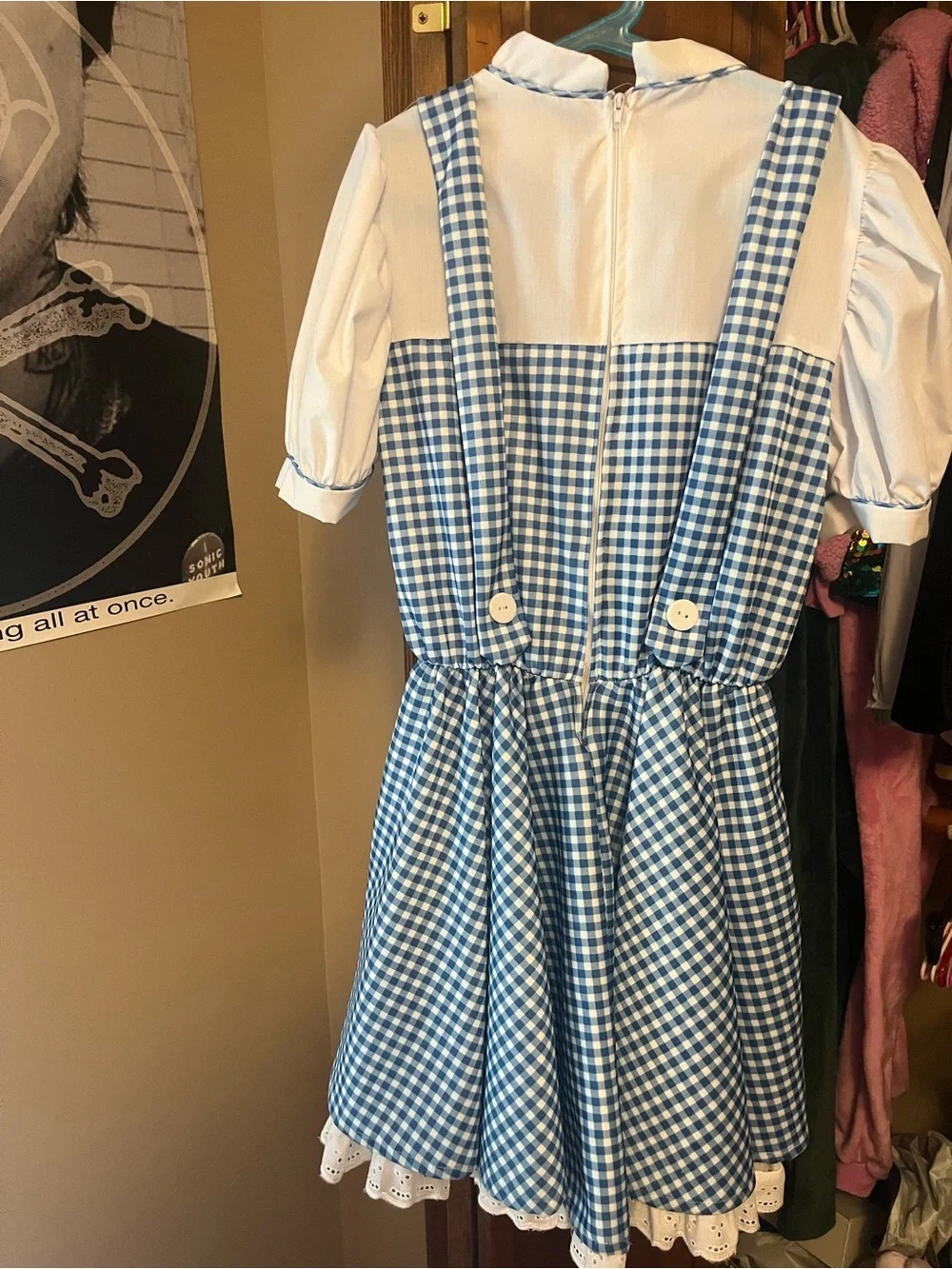 Blue Gingham Pinafore Dress with White Blouse